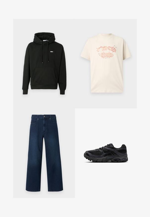 Zwart hoodie met een voorkraag zak, verstelbare trekkoord capuchon en een klein wit "OBEY" logo op de borst. Zachte stof.; Off-white T-shirt met korte mouwen, rode vlamstijl "Nike SB" tekst en klein zwart Nike swoosh-logo, gecentreerd aan de voorkant.; Donkerblauwe wijde denim jeans met knoop- en ritssluiting aan de voorkant, voor- en achterzakken, getoond tegen een witte achtergrond.; Zwarte en donkergrijze Nike hardloopschoen met meshstof, suède overlays, een gedempte zool en zichtbare luchtunits in de hiel en voorvoet.