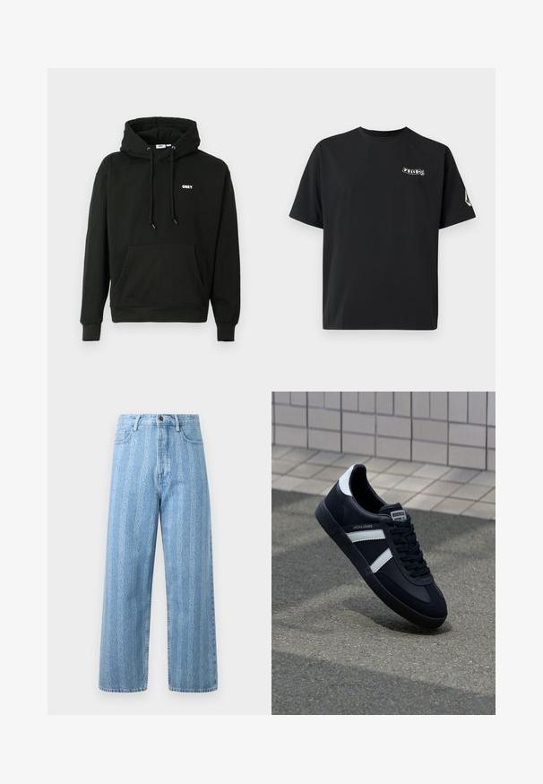 Musterniga must-hall hoodie, millel on ees kangaroo tasku, reguleeritav nööriga kapuuts ja väike valge "OBEY" logo rinnal. Pehme riie.; Mustast puuvillast lühikeste varrukatega T-särk, ümmarguse kaelusega, millel on vasakul rinnal valge logograafika ja paremal varrukal logomärk.; Heledad sinine denim teksapüksid laia säärega disainiga, millel on korduv kett muster. Klassikaline viie tasku stiil ja metalne nupudetail.; Must have musta sneaker musta valgete triipudega, tekstuurne kummitald ja nööridega esiosa. Omab bränditud märki keele peal.