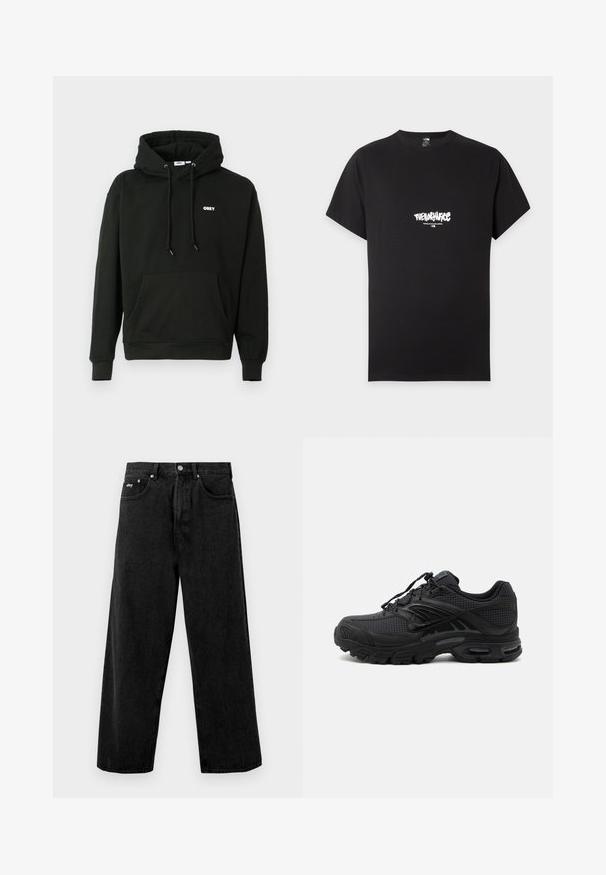 Musterniga must-hall hoodie, millel on ees kangaroo tasku, reguleeritav nööriga kapuuts ja väike valge "OBEY" logo rinnal. Pehme riie.; Must lühikeste varrukatega T-särk valge "The North Face" logoga ja "Never Stop Exploring" tekstiga, mis on rindkere keskosas.; Mustad jaladega mustad teksad, mis on valmistatud denimist ja millel on nupupäevaraamat ja eesmine tasku. Vöökoht on kaunistatud diskreetse brändi logo. Matte tekstuur.; Mustad sportlikud tossud tekstuurse kangaga, paksu polsterdatud tallaga, õhuavade ja paeltega kinnitusega, esitatud küljelt hele taust.