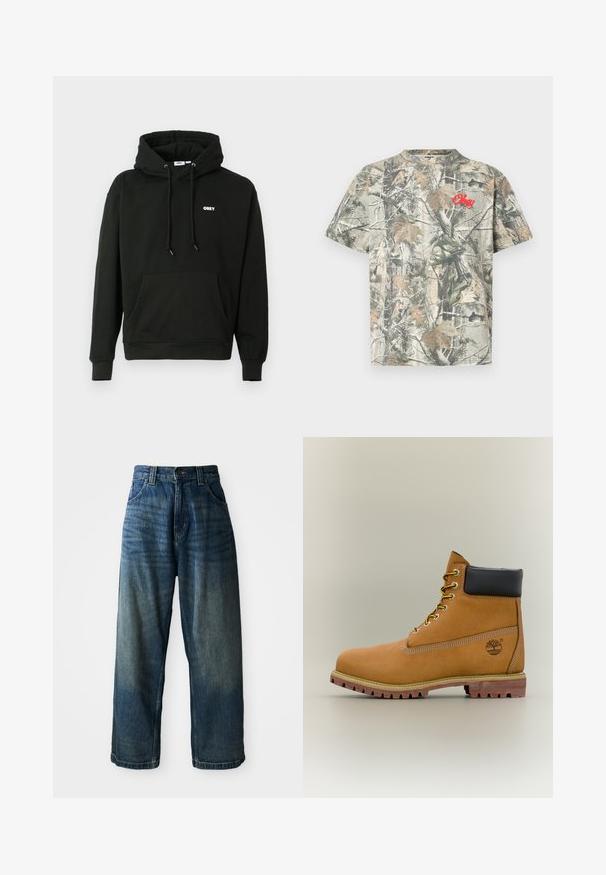 Sort hættejakke med en front kangaroo-lomme, justerbar snøre i hætten og et lille hvidt "OBEY" logo på brystet. Blødt stof.; Kortærmet t-shirt med rund hals, der har et camouflageprint i jordfarver og en broderet rød "Obey"-logo på forsiden.; Bredde ben blå denimjeans med en falmet finish. Har fem lommer, knaplukning og kontrasterende syninger. Tyk stof.; Brun læderankelstøvle med sort krave, gule snørebånd og tanfarvet sål. Har logo og hvide syninger som detalje. Robust ydersål med greb.