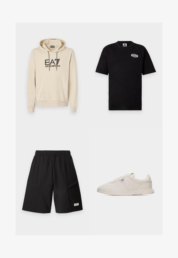 Beige huppari pehmeästä kankaasta, jossa on etutasku, säädettävä nauhalla varustettu huppu ja rohkea musta logo rinnassa.; Musta, lyhythihainen Kappa-t-paita, jossa on "Racing Club" -soikion muotoinen logo vasemmassa ylärinnassa ja pyöreä pääntie.; Mustat polveen ulottuvat shortsit, joissa on joustava vyötärönauha, sivulla cargo-taskut ja pieni EA7 Emporio Armani -logopläkki vasemmassa lahkeessa.; Matala valkoinen tossu, jossa on nyöritys, sileä nahkapäällinen, hienovaraiset tikkaukset ja pieni metallinen logo sivulla.