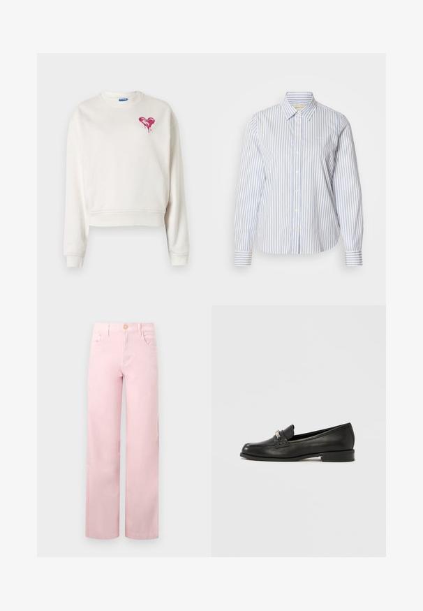 Sweat-shirt blanc court en tissu doux, avec un motif de cœur rose dégoulinant sur la poitrine et des poignets côtelés.; Chemise à rayures bleues et blanches avec col classique, manches longues et ourlet droit. Le tissu a une texture lisse.; Jean rose à jambes larges en coton avec une fermeture à bouton, des poches avant et une finition nette à l'ourlet. Texture lisse et couleur uniforme.; Mocassin en cuir noir avec un bout arrondi, une couture discrète et un accent métallique à l'avant. Talon plat avec une finition lisse et brillante.
