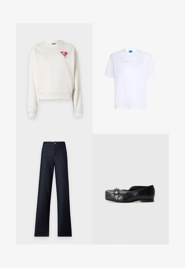 Sweat-shirt blanc court en tissu doux, avec un motif de cœur rose dégoulinant sur la poitrine et des poignets côtelés.; T-shirt en coton blanc avec col rond et manches courtes ; présente un logo discret "KARL LAGERFELD JEANS" rose sur le devant.; Jean en denim foncé taille haute avec jambes larges, comportant cinq poches, une fermeture à bouton et des coutures contrastées. Texture lisse sans motifs.; Chaussure plate en cuir noir avec un bout carré, sangle élastique et ornement métallique à l'avant, présentant une texture lisse et un talon minimal.