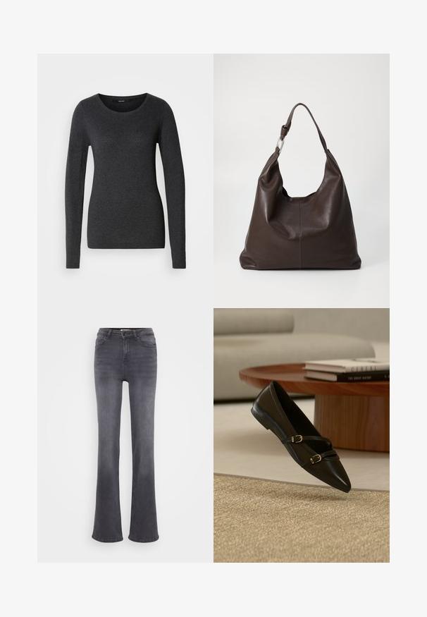 Pull gris foncé à manches longues avec un col rond, une texture douce et un motif subtil sur le devant et les manches.; Jean flare gris en denim, avec taille haute, cinq poches et fermeture à bouton. Texture lisse avec des détails de décoloration subtils.; Chaussure plate noire à bout pointu avec deux fines brides à boucle flottant au-dessus d'un tapis beige, avec une table basse en bois et des livres en arrière-plan.; Zign by Zalando LEATHER - Cabas - chocolate brown