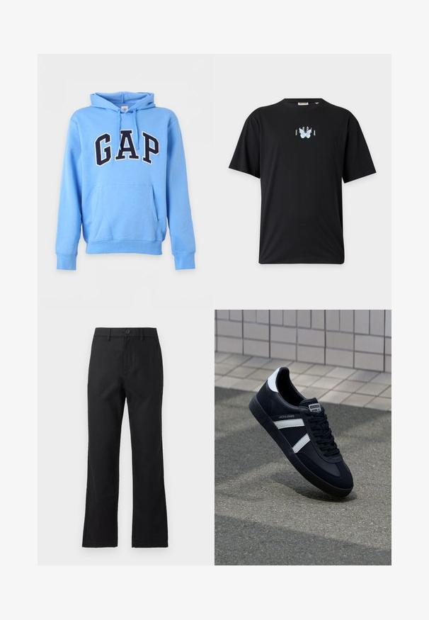 Sweat à capuche bleu clair avec poche kangourou avant et grandes lettres noires GAP bordées de blanc sur la poitrine, avec capuche ajustable à cordon.; T-shirt noir à manches courtes avec un petit papillon bleu clair et le texte « Utopia » centré sur la poitrine, sous l'encolure.; Pantalon noir droit avec passants pour ceinture, fermeture par boutons et poches avant, présenté sur un fond gris uni.; Sneaker en cuir noir avec des rayures blanches, semelle en caoutchouc texturée et devant à lacets. Présente une étiquette de marque sur la languette.