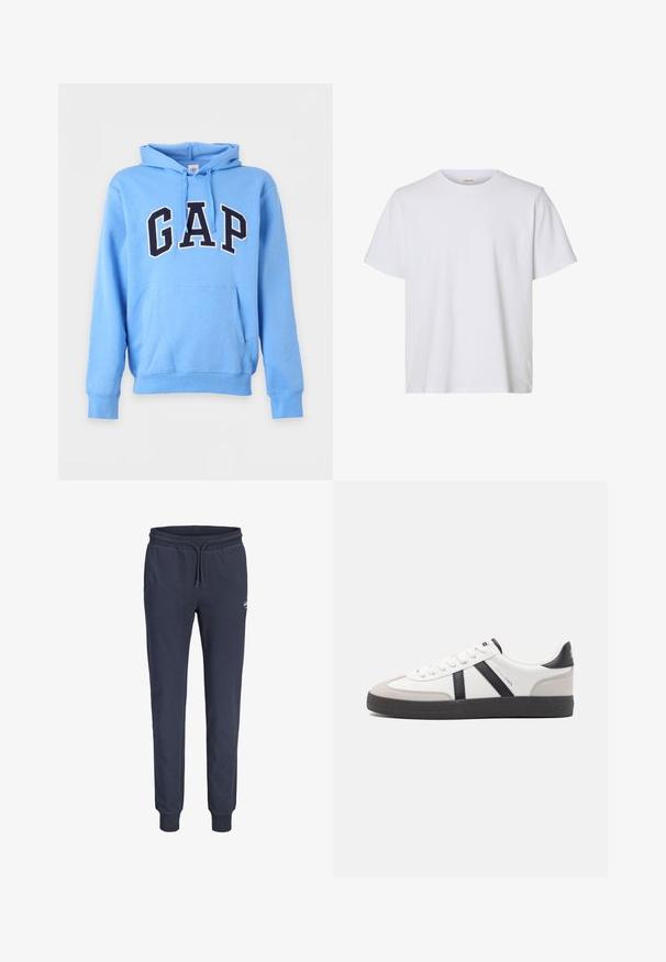 Sweat à capuche bleu clair avec poche kangourou avant et grandes lettres noires GAP bordées de blanc sur la poitrine, avec capuche ajustable à cordon.; T-shirt blanc uni à manches courtes, col rond, coupe régulière et texture de tissu lisse, présenté sur fond blanc.; Pantalon de jogging bleu marine avec taille élastique et cordon de serrage, poignets côtelés, et petit logo blanc sur la partie supérieure de la cuisse gauche.; Baskets blanches avec des accents noirs et gris, présentant un embout texturé gris, une semelle en caoutchouc noir et des lacets plats blancs. Design épuré, style minimaliste.