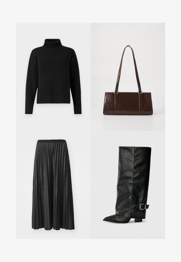 Sort turtleneck sweater lavet af blødt strikket stof. Har ribbet kant, lange ærmer og en afslappet pasform. Simpelt og alsidigt design.; Sort plisseret maxiskørt med en glat tekstur og elastisk talje, der har lodrette folder som skaber volumen og bevægelse.; Sorte læder ankelstøvler i ankellængde med spids tå, glat tekstur og en sølvspændeaccents på siden. Kraftig firkantet hæl.; Brun lakeret håndtaske med rektangulær form, to lange håndtag og subtile buede detaljer på fronten.