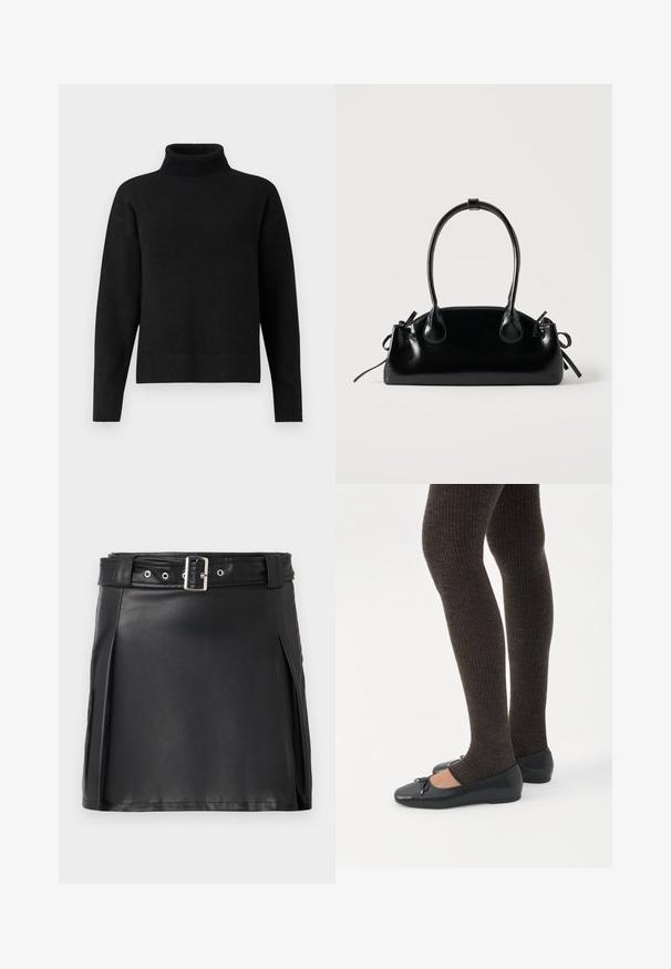 Sort turtleneck sweater lavet af blødt strikket stof. Har ribbet kant, lange ærmer og en afslappet pasform. Simpelt og alsidigt design.; Sort faux læder mini nederdel med en tætsiddende pasform, sidesyninger og et bælte med en sølvfarvet spænde og øjne. Glat tekstur, høj talje.; Ben iført mørke ribbede leggings kombineret med sorte balletsko med små sløjfedetaljer på hvid baggrund.; Lille sort blank håndtaske med to lange håndtag og snøre-detaljer i siden på en ensfarvet lys baggrund.