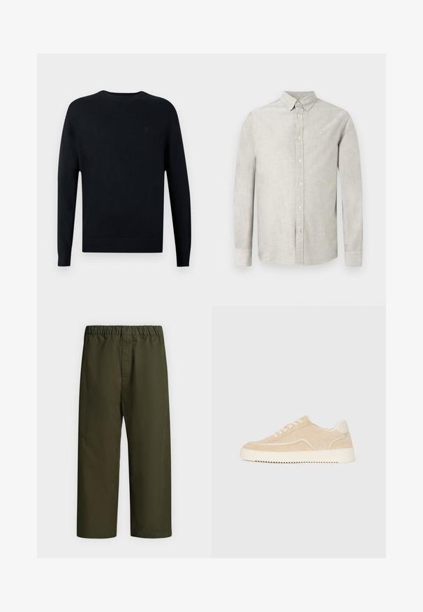 Pull noir marine à manches longues en tricot avec un col rond et des poignets côtelés. Présente un logo discret sur la poitrine.; Chemise boutonnée à manches longues gris clair avec un col boutonné et un petit logo brodé sur la poitrine gauche.; Pantalon vert foncé à coupe ample avec taille élastique, jambes droites et sans poches ni ornements visibles, présenté sur un fond uni.; Baskets en daim beige avec semelle et lacets blancs, design basse, et motif de semelle en zigzag.