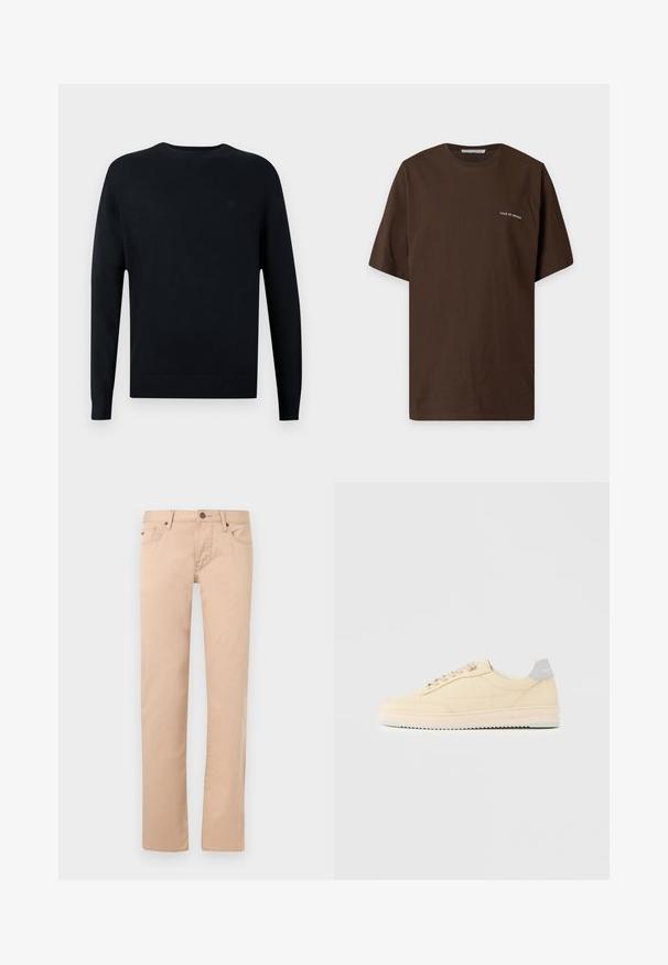 Pull noir marine à manches longues en tricot avec un col rond et des poignets côtelés. Présente un logo discret sur la poitrine.; T-shirt marron foncé à manches courtes et col rond avec un petit texte blanc "Tiger of Sweden" sur la partie gauche de la poitrine.; Pantalon beige à jambe droite avec poches avant, passants pour ceinture, fermeture par bouton et détails de couture, présenté sur un fond clair.; Baskets basses beige à lacets, semelle rose clair et languette grise à l'arrière marquée "Filling Pieces", vues de profil sur fond uni.