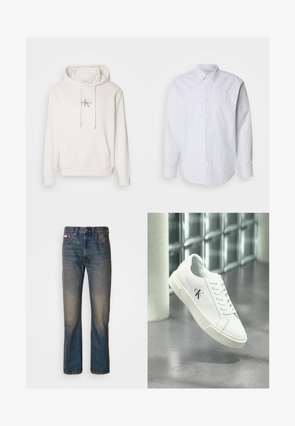 Sudadera blanca con capucha en tejido suave; presenta un bolsillo canguro frontal, puños acanalados y un logo con "Calvin Klein" sobre una "K" estilizada.; Camisa de lino de manga larga blanca con rayas verticales azules, que cuenta con un cierre de botones en la parte delantera y un logo en relieve "CALVIN KLEIN" en el pecho.; Vaqueros de tiro alto en denim azul, con un diseño de pierna recta, parches desgastados y descoloridos, y un estilo tradicional de cinco bolsillos.; Zapatilla blanca Calvin Klein con cordones, mostrada flotando sobre un suelo de cemento pulido y un fondo de pared de bloques de vidrio.