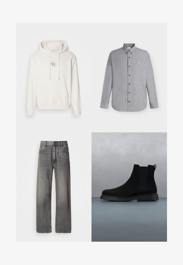 Valge kapuutsiga dressipluus pehmest kangast; sisaldab ees kangaroo-taskut, soonikkoes varrukaid ja logo, millel on "Calvin Klein" stiliseeritud "K" kohal.; Helehall hall pikkade varrukatega nööbitav särk nööbitava kraega ja väike "cK" logo tikandiga vasakul rinnal.; Laiade säärega teksad tumedast hallist denimist, millel on tuhmunud viimistlus. Omavad klassikalist viiepokilisele disaini ja vöökinnitusi.; Mustad mustankott, mis on valmistatud siledast materjalist, peente õmblustega, kummitald ja stiilne disain, asetatud puidustruktuuriga pinna kohale.