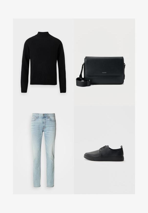 Pull noir à col roulé avec manches longues, fabriqué en maille douce. Caractérisé par un col et un ourlet côtelés pour une silhouette ajustée.; Jeans en denim bleu clair, avec une coupe droite, taille mi-haute et un léger délavage. Comprend cinq poches et un bouton en métal.; Baskets en cuir noir avec une finition lisse, bout arrondi, coutures ton sur ton, devant à lacets et semelle plate en caoutchouc. Anse au talon.; Sac messager en cuir noir à surface texturée, avec une bandoulière ajustable et un rabat avant affichant un logo discret. Forme compacte et rectangulaire.