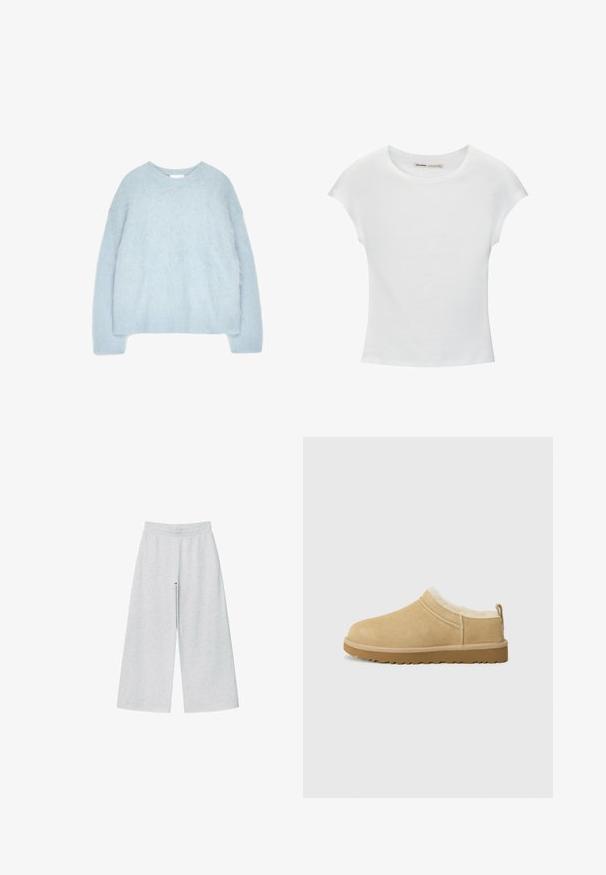 Lyseblå hættetrøje strikket af blødt, fluffy materiale. Har en rund halsudskæring og lange ærmer med ribstrikkede manchetter og kant.; Hvid bomuld t-shirt med korte, opsmøgede ærmer, rund halsudskæring og lige kant. Glat tekstur uden synlige mønstre eller detaljer.; Lys grå vidtgående bukser lavet af blødt stof med elastisk talje. Designet har en løs pasform for komfort og bevægelsesfrihed.; Suede slip-on sko i lys tan, med en blød pelsforing og tekstureret gummisål med en let hæl og bagestrop for nem påklædning.