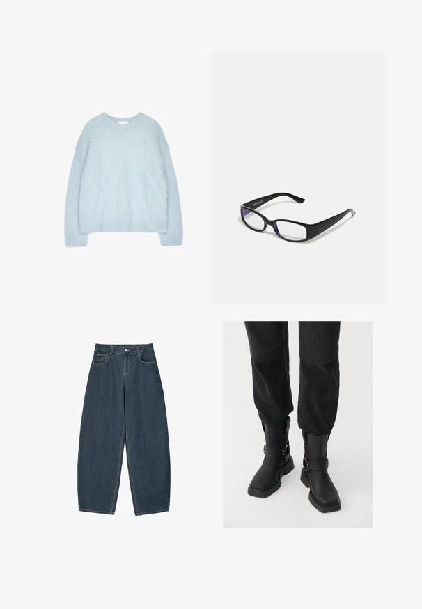 Lyseblå hættetrøje strikket af blødt, fluffy materiale. Har en rund halsudskæring og lange ærmer med ribstrikkede manchetter og kant.; Mørkeblå denim buede bukser med høj talje, som har fem lommer og synlige stingdetaljer. Ren, minimalistik design.; Sorte læder ankelstøvler med firkantet tå, der har en bred rem og metallisk spænde detalje. Støvlerne har en chunky sål og en glat overflade.; Sorte rektangulære briller med klare linser. Blank finish, smalle stænger, og lilla nuance synlig i kanterne af linsen.