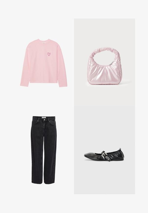 Helles rosa Sweatshirt mit langen Ärmeln aus weichem Material. Mit einem kleinen gestickten Herz auf der linken Brust. Rippbündchen am Kragen und an den Ärmeln.; Schwarze Denim-Jeans mit weitem Bein und hoher Taille, fünf Taschen und Reißverschluss. Glatte Textur mit minimal sichtbaren Nähdetails.; Schwarze Leder-Ballerinas mit spitzem Zehenbereich, gerafften Details am Schaft und einem silbernen Schnallenakzent am verstellbaren Riemen.; Rosa, gepolsterte Handtasche mit abgerundeter Form, aus glänzendem Material gefertigt. Verfügt über einen gerafften Griff und einen Reißverschluss für sicheren Zugang.