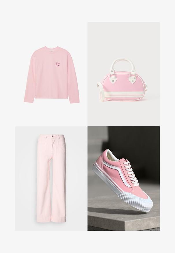 Helles rosa Sweatshirt mit langen Ärmeln aus weichem Material. Mit einem kleinen gestickten Herz auf der linken Brust. Rippbündchen am Kragen und an den Ärmeln.; Hellrosa weite Hose mit jeansähnlicher Textur. Verfügt über einen vorderen Knopfverschluss, Gürtelschlaufen und zwei Gesäßtaschen. Weiches, lässiges Design.; Hellrosa Sneakers mit weißen Akzenten, Obermaterial aus glattem Leder, runde Zehenpartie, strukturierte Gummi-Außensohle und flache Schnürsenkel.; Rosa Handtasche mit weißen Akzenten, abgerundeter Form, oberen Griffen, abnehmbarem Schulterriemen und herzförmigen Metallakzenten. Reißverschlussverschluss.