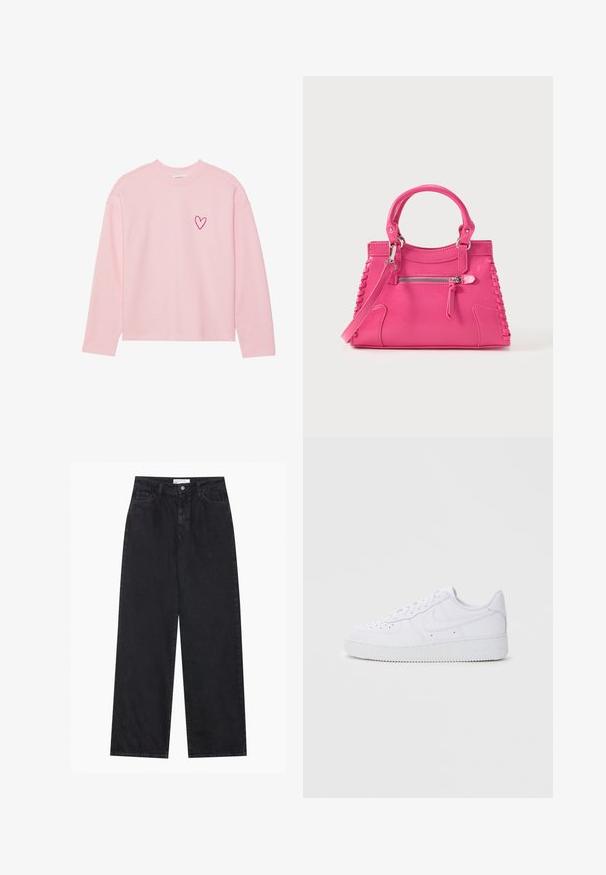 Sweatshirt à manches longues rose clair en tissu doux. Présente un petit cœur brodé sur la poitrine gauche. Col et poignets côtelés.; Jeans en denim noirs taille haute à jambes larges avec fermeture à bouton et zip à l'avant, passants de ceinture et style à cinq poches.; Baskets blanches Nike Air Force 1 avec tige en cuir, bout rond, fermeture à lacets, col rembourré et semelle en caoutchouc texturé.; Sac à main en cuir rose avec deux poignées, laçage décoratif sur les côtés et une poche zippée à l'avant. Texture lisse, forme structurée.