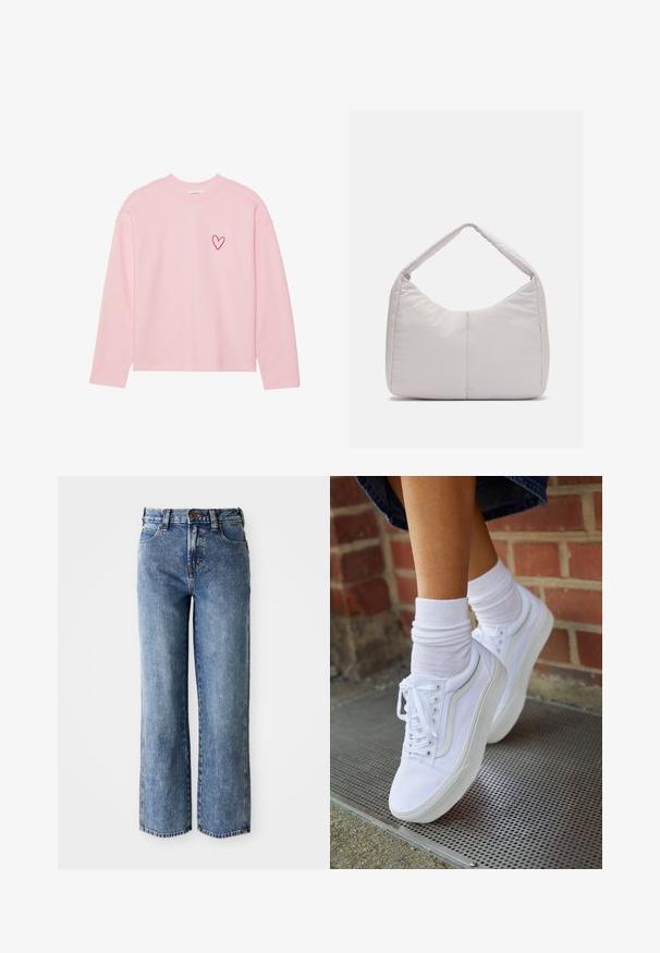 Sweatshirt à manches longues rose clair en tissu doux. Présente un petit cœur brodé sur la poitrine gauche. Col et poignets côtelés.; Jeans en denim bleu taille haute à jambe droite avec poches avant, passants de ceinture et fermeture à bouton.; Baskets en toile blanches avec semelles en caoutchouc, dotées de six œillets, d'un bout rond et de détails de couture légers, portées avec des chaussettes blanches mi-mollet.; Sac d'épaule rembourré gris clair avec une forme courbée, doté d'une seule poignée et d'une surface lisse et texturée. Design simple sans matériel supplémentaire.