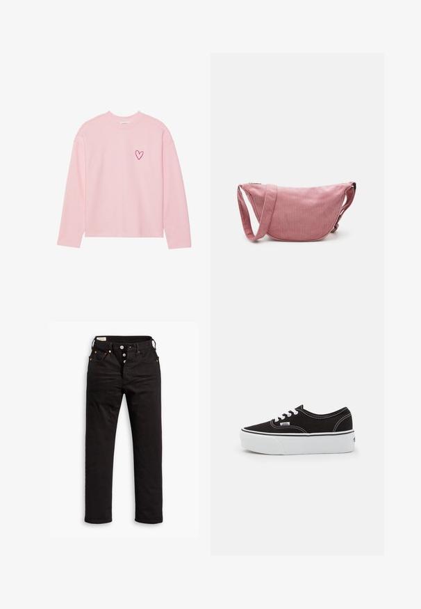 Helles rosa Sweatshirt mit langen Ärmeln aus weichem Material. Mit einem kleinen gestickten Herz auf der linken Brust. Rippbündchen am Kragen und an den Ärmeln.; Schwarze Straight-Leg-Jeans mit Knopfverschluss, Vorder- und Gesäßtaschen sowie Kupfennieten auf einem weißen Hintergrund.; Schwarze Leinensneaker mit einer weißen Gummiplattformsohle, weißen Schnürsenkeln und Nähten, ikonischer Markenaufdruck an der Seite, im Low-Top-Design.; Pieces PCAMANDA BUMBAG - Umhängetasche - ash rose