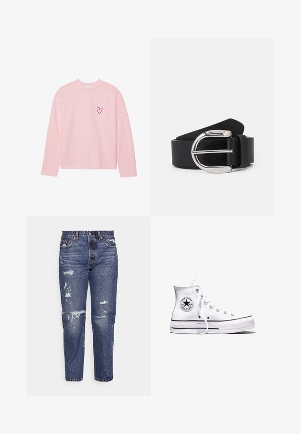 Sweatshirt à manches longues rose clair en tissu doux. Présente un petit cœur brodé sur la poitrine gauche. Col et poignets côtelés.; Jean en denim bleu avec une coupe décontractée, présentant des zones usées et des ourlets effilochés. Design classique à 5 poches avec des accents en métal.; Baskets blanches montantes Converse Chuck Taylor All Star avec des rayures noires et un patch logo sur le côté, présentées sur un fond blanc uni.; Ceinture en cuir noir avec une boucle en métal argenté, présentant une texture lisse et un design classique. La sangle mesure 3,8 cm de large.
