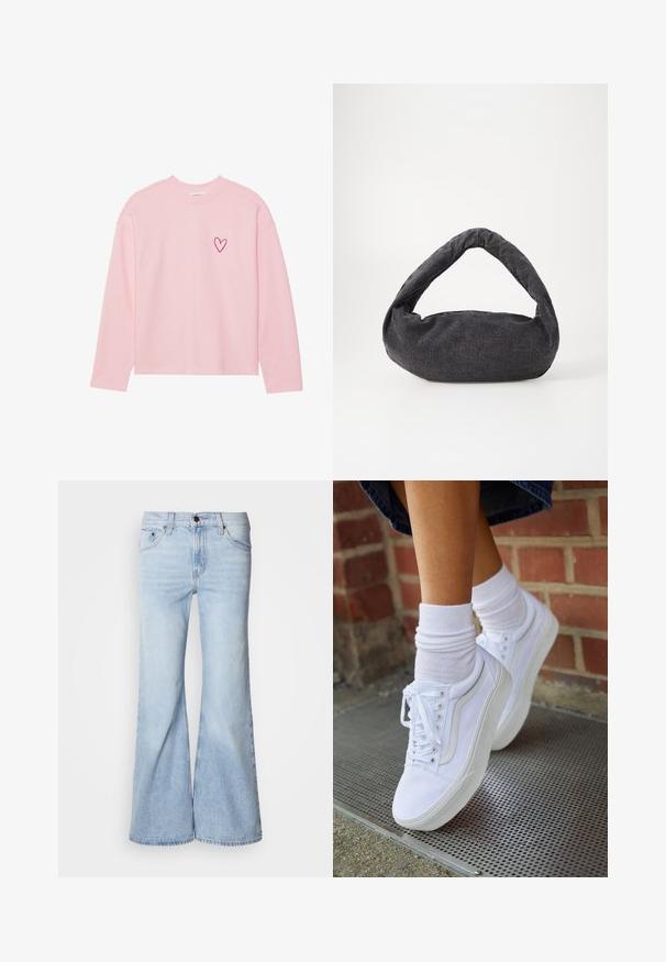 Sweatshirt à manches longues rose clair en tissu doux. Présente un petit cœur brodé sur la poitrine gauche. Col et poignets côtelés.; Jean évasé bleu clair, avec une taille haute, en tissu denim, cinq poches et une fermeture par bouton. Les jambes sont larges et présentent une légère décoloration.; Baskets en toile blanches avec semelles en caoutchouc, dotées de six œillets, d'un bout rond et de détails de couture légers, portées avec des chaussettes blanches mi-mollet.; Sac en tissu gris foncé avec une anse courbée, texture douce et forme arrondie. Pas de matériel ou d'embellissements visibles.