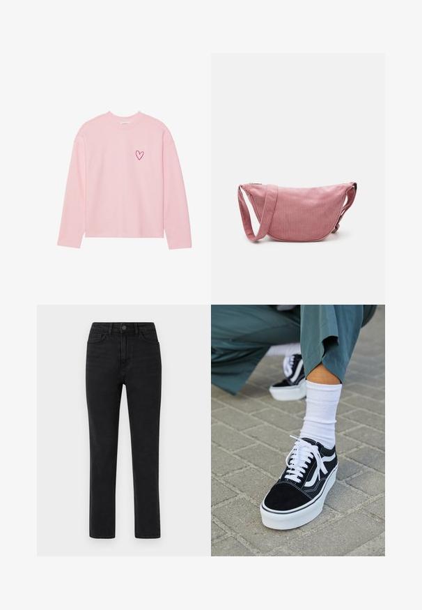 Helles rosa Sweatshirt mit langen Ärmeln aus weichem Material. Mit einem kleinen gestickten Herz auf der linken Brust. Rippbündchen am Kragen und an den Ärmeln.; Hoch geschnittene schwarze Straight-Leg-Jeans mit vorderer Knopfschließe, Gürtelschlaufen und Fünf-Taschen-Design vor einem weißen Hintergrund.; Schwarze Wildledersneaker mit weißen Akzenten und Schnürsenkeln, ausgestattet mit einer dicken weißen Sohle und kontrastierenden Nähten, kombiniert mit einer weißen Socke.; Pieces PCAMANDA BUMBAG - Umhängetasche - ash rose