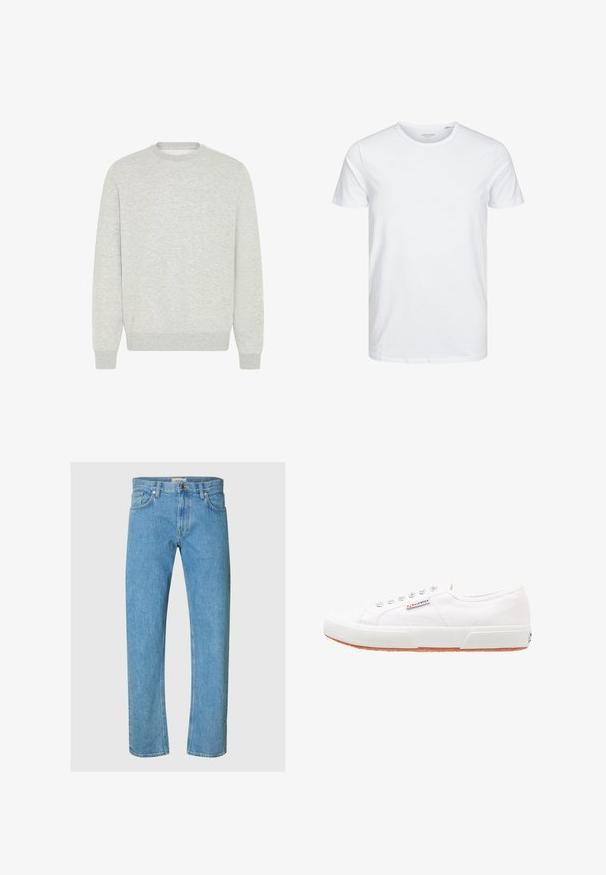 Sweatshirt gris clair en tissu doux, avec un col rond, des manches longues, des poignets côtelés et un design uni sans motifs ni accents.; T-shirt à col rond à manches courtes de couleur blanche unie, fabriqué en coton doux, avec un design simple sans motifs ni accents visibles.; Un jean en denim bleu clair présente un design à jambes droites, un style à cinq poches et une fermeture éclair avec un bouton en métal.; Baskets en toile blanches avec une semelle en caoutchouc, design à lacets et une petite étiquette logo sur le côté. Tige blanche texturée et semelle extérieure marron.