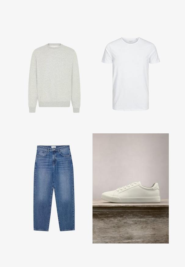 Lys grå sweatshirt lavet af blødt stof, med rund hals, lange ærmer, ribbede manchetter og et enkelt design uden mønstre eller detaljer.; Rundhals kortærmet t-shirt i ensfarvet hvid, lavet af blød bomuld, har et simpelt design uden synlige mønstre eller detaljer.; Blå denim jeans med høj talje, lige ben design og slidte finish. Har fem lommer og en knaplukning.; Hvide snørresneakers svævende over en træbænk med grønne planter i baggrunden, der fremhæver skodesign og tekstur.