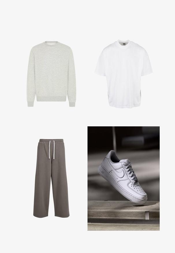 Lys grå sweatshirt lavet af blødt stof, med rund hals, lange ærmer, ribbede manchetter og et enkelt design uden mønstre eller detaljer.; Hvid bomulds T-shirt med en afslappet pasform, korte ærmer og rund halsudskæring, med en lige kant og ingen synlige grafikker eller mønstre.; Fritidsbukser med bred benvidde i et afdæmpet gråt stof, der har en blød tekstur, elastisk talje med hvide snore og lige afslutninger.; Hvid læder Nike Air Force 1 sneaker med perforeret tå, flade snørebånd og tekstureret gummisål med "AIR" branding på siden.