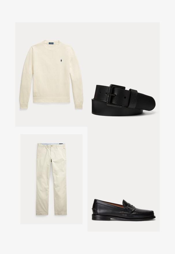 Kreemjas värvitud soonikkoes pikkade varrukatega kampsun, millel on soonikkrae ja -ääris ning väike tumesinine Polo Ralph Laureni logo rinnal.; Beežid sirge säärega puuvillased püksid vööaasade, eesnupu, luku ja küljetaskutega.; Mustast nahast loafer madala kontsa ja penny rihma detailiga, näidatud küljelt helehallil taustal.; Mustast nahast vöö musta ristküliku kujulise pandla ja reljeefse logoga vöö aasas, keritud lihtsale heledale taustale.