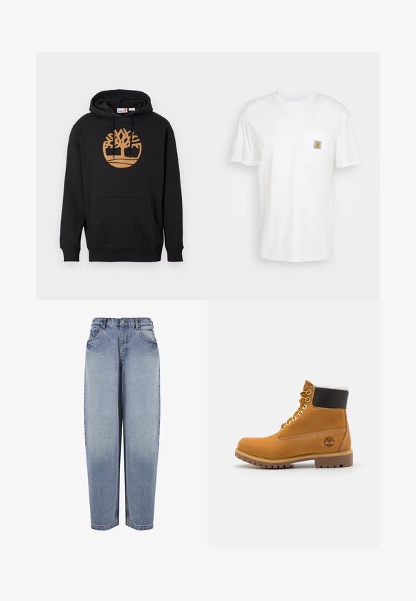 Sort hætte sweatshirt lavet af bomuld, med et stort brunt trælogo på forsiden, en frontlomme og snøre i hætten. Glat tekstur.; Hvid bomulds T-shirt med korte ærmer, en brystlomme, og et lille firkantet logo patch i orange og hvid på lommen.; Blå high-waisted løstsiddende jeans med forlommer, bæltestropper, knaplukning og falmede detaljer langs benene.; Brune læder ankelstøvle med metaløjer, hvid pelsforing, sort polstret krave, robust sål og præget logo på siden.