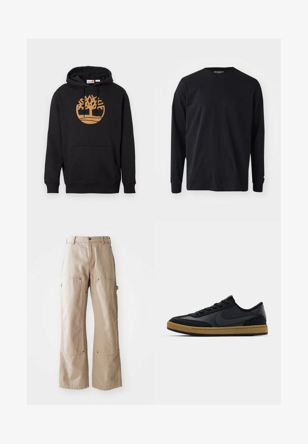 Sort hætte sweatshirt lavet af bomuld, med et stort brunt trælogo på forsiden, en frontlomme og snøre i hætten. Glat tekstur.; Sort langærmet t-shirt lavet af bomuld, med rund halsudskæring og lige pasform, samt et lille logodetalje på ærmet.; Beige vide bukser lavet af slidstærkt bomuldsstof. Har for- og sidelommer, synlig syning og metaldetaljer ved lommerne.; Sorte lædersneakers med lavt design, snørelukning, gummisål og gumfarvede detaljer. Har et sidelogot og strukturerede materialer.