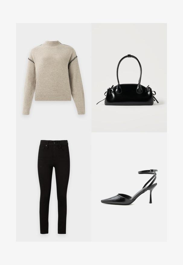 Pull en tricot beige avec un col montant côtelé, des poignets et un ourlet, présentant des détails de surfilage noir aux épaules et sur les manches supérieures.; Good American GOOD LEGS - Jeans Skinny - black; Escarpin noir à bout pointu avec fines brides de cheville et fermeture à boucle argentée sur fond clair uni.; Petit sac à main noir brillant avec deux longues anses et des détails à cordon sur les côtés sur un fond clair uni.