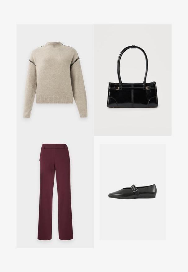 Pull en tricot beige avec un col montant côtelé, des poignets et un ourlet, présentant des détails de surfilage noir aux épaules et sur les manches supérieures.; Pantalon bordeaux avec une coupe à jambes droites, fabriqué en tissu lisse, doté d'une ceinture plate et de détails de couture subtils.; Chaussure plate en cuir noir avec un orteil pointu, présentant une sangle à boucle métallique sur le cou-de-pied et une semelle basse et flexible.; Sac à main rectangulaire noir brillant avec deux fines bretelles et petits détails de boucles dorées à l'avant.
