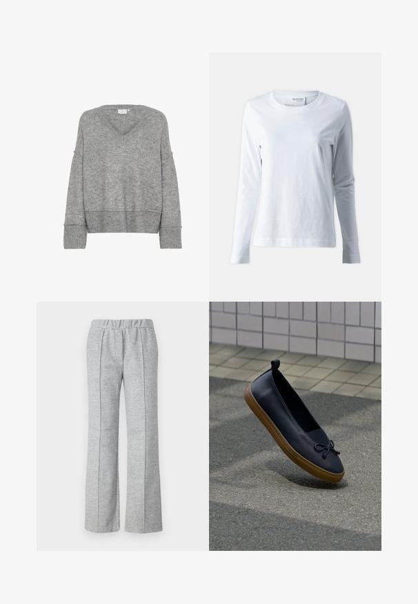 Pull en tricot gris avec un col en V, coupe oversize, manches larges et poignets côtelés. Texture douce ; design sans couture sans motifs ni embellissements.; T-shirt blanc à manches longues en coton doux. Il présente un col rond et des manches ajustées. Texture lisse avec un design uni.; Pantalons gris à jambes larges en tissu texturé ; dotés d'une taille élastique et de détails plissés à l'avant. Design épuré et minimal.; Chaussure en cuir noir à enfiler avec semelle en caoutchouc marron et détail d'un nœud noué, flottant au-dessus d'un trottoir gris à côté d'un mur carrelé.