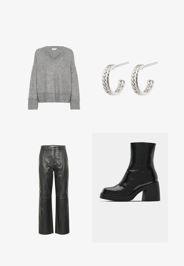 Suéter gris de punto con escote en V, corte oversized, mangas anchas y puños acanalados. Textura suave; diseño sin costuras, sin patrones ni adornos.; Pantalones de cuero negro de pierna ancha con una textura suave, que cuentan con una cinturilla, pliegues delanteros y detalles de costura sutiles.; Botas de tobillo negras con un acabado brillante, punta cuadrada y un tacón grueso en bloque. El diseño presenta una silueta sin costuras y un minimalismo en la marca.; Pendientes de aro de plata con un patrón trenzado, que cuentan con una superficie texturada y un cierre de poste, diseño curvado y acabado pulido.