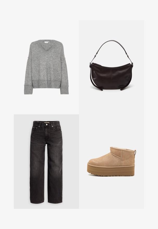 Pull en tricot gris avec un col en V, coupe oversize, manches larges et poignets côtelés. Texture douce ; design sans couture sans motifs ni embellissements.; Levi's® BAGGY DAD - Jean baggy - shrink up; Bottines en suede beige avec un intérieur moelleux, dotées d'une semelle compensée et d'une languette à l'arrière pour un enfilage facile. Semelle extérieure en caoutchouc texturé.; Sac à épaule en cuir marron foncé avec une forme courbe, texture lisse et une seule sangle réglable. Doté d'une fermeture éclair.