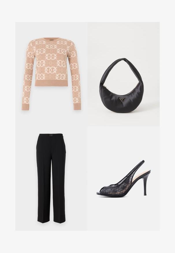 Pull en maille de couleur beige clair avec un motif subtil répétitif de formes entrelacées. Il a des manches longues et un ourlet côtelé.; Pantalon tailleur noir en tissu lisse, avec une coupe droite, une taille ornée d'une boucle argentée décorative et sans motifs visibles.; Chaussure slingback noire à talon haut, bout ouvert et empeigne en mesh avec motifs floraux discrets.; Sac à main en satin noir avec une forme courbée, doté d'une fermeture à glissière et d'un logo triangulaire en métal à l'avant. Texture lisse et design épuré.