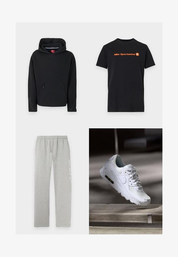 Μαύρο φούτερ Nike με τσέπη καγκουρό στο μπροστινό μέρος με φερμουάρ, μακριά μανίκια και προσαρτημένο κουκούλα με ορατή κόκκινη ετικέτα της μάρκας στο εσωτερικό.; Μαύρο κοντομάνικο μπλουζάκι με πορτοκαλί κείμενο "Nike Sportswear" και μικρό λογότυπο Nike swoosh σε τετράγωνο φόντο στο κέντρο του στήθους.; Γκρι φόρμες από μαλακό υλικό με ελαστική μέση. Διαθέτουν λευκή επιγραφή "JUST DO IT" και λογότυπο Nike swoosh σε ένα πόδι.; Λευκό αθλητικό παπούτσι Nike Air Max 90 με άνω μέρος από διχτυωτό και δερμάτινο υλικό, τρυπητό μπροστινό μέρος και ορατή μονάδα αέρα στη φτέρνα.