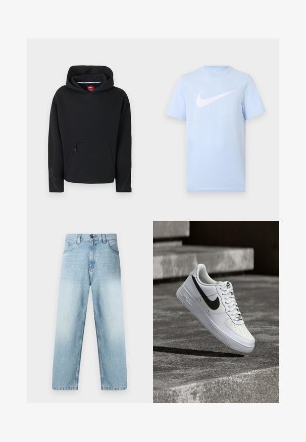 Μαύρο φούτερ Nike με τσέπη καγκουρό στο μπροστινό μέρος με φερμουάρ, μακριά μανίκια και προσαρτημένο κουκούλα με ορατή κόκκινη ετικέτα της μάρκας στο εσωτερικό.; Ανοιχτό μπλε κοντομάνικο T-shirt με μεγάλο λευκό λογότυπο Nike swoosh στο κέντρο του εμπρός μέρους, σε απλό φόντο.; Τζιν σε ίσια γραμμή ανοιχτού μπλε χρώματος με ξεθωριασμένο φινίρισμα, σχεδιασμό με πέντε τσέπες και εμφανή ραφή κατά μήκος των ραφών. Κατασκευασμένο από βαμβακερό denim.; Λευκό αθλητικό παπούτσι Nike Air Force 1 με μαύρο λογότυπο swoosh, δεμένα κορδόνια, τοποθετημένο στον αέρα πάνω από υφή σκυροδέματος σε εξωτερικό χώρο.