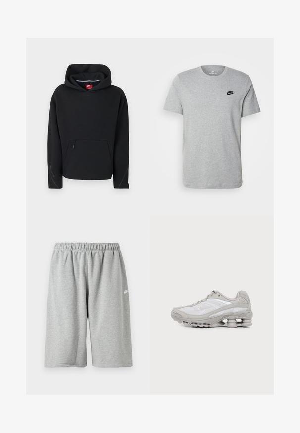 Μαύρο φούτερ Nike με τσέπη καγκουρό στο μπροστινό μέρος με φερμουάρ, μακριά μανίκια και προσαρτημένο κουκούλα με ορατή κόκκινη ετικέτα της μάρκας στο εσωτερικό.; Γκρι κοντομάνικη μπλούζα φτιαγμένη από βαμβάκι, με μαύρο λογότυπο Nike στο στήθος και στρογγυλή λαιμόκοψη. Μινιμαλιστικός σχεδιασμός χωρίς μοτίβα.; Γκρι βαμβακερό σορτς με ελαστική μέση, άνετη εφαρμογή και μικρό λευκό λογότυπο κοντά στο τελείωμα. Ομαλή υφή, μήκος πάνω από το γόνατο.; Γκρι και άσπρο αθλητικό παπούτσι με διχτυωτά πάνελ, σχέδιο με κορδόνια και μοναδική σόλα που θυμίζει ελατήριο για απορρόφηση κραδασμών και υποστήριξη.