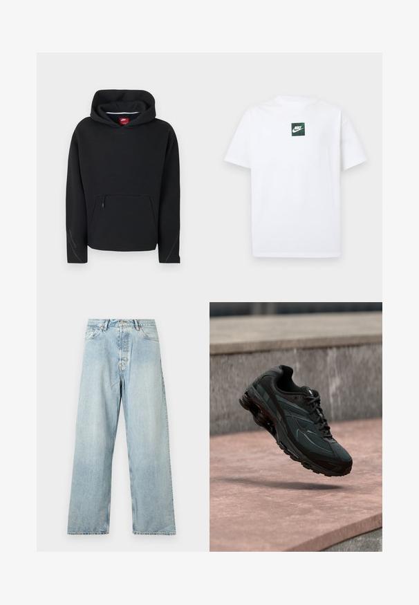 Μαύρο φούτερ Nike με τσέπη καγκουρό στο μπροστινό μέρος με φερμουάρ, μακριά μανίκια και προσαρτημένο κουκούλα με ορατή κόκκινη ετικέτα της μάρκας στο εσωτερικό.; Άσπρο κοντομάνικο T-shirt της Nike με μικρό πράσινο τετράγωνο λογότυπο που απεικονίζει το σήμα Swoosh της Nike και κείμενο στο κέντρο του στήθους.; Ανοιχτού μπλε χρώματος τζιν με ψηλή μέση και ίσια γραμμή στα πόδια, με μπροστινό κουμπί, φερμουάρ και σχέδιο με πέντε τσέπες, παρουσιασμένα σε απλό λευκό φόντο.; Μαύρο αθλητικό παπούτσι με ορατή μεσαία σόλα αέρα που αιωρείται πάνω από μια ροζ πέτρινη επιφάνεια με φόντο ένα γκρι πέτρινο τοίχο.
