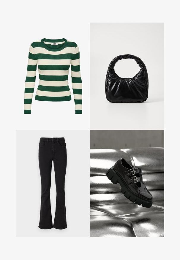 Grøn- og cremefarvet striped, ribbet langærmet trøje med rund halsudskæring og tætsiddende facon, med kontrasterende strikstruktur.; Sorte denim flare jeans med høj talje, der har fem lommer og en robust knaplukning. Glat tekstur med let stræk.; Sort sko med chunky sål og dobbelte sølvspænder, der svæver over en skinnende metallisk sølv tuftet overflade.; Sort polstret håndtaske med et rundt håndtag, der har en glat, skinnende overflade og en blød, kviltet tekstur. Ingen synlige hardware eller accenter.