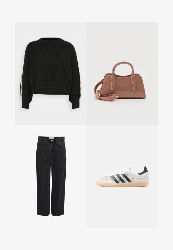 Sweatshirt noir en maille avec texture côtelée, design court et manches longues. Présente des accents blancs contrastants le long des coutures latérales.; Jean en denim noir taille haute, coupe large, avec cinq poches et fermeture éclair. Texture lisse avec détails de couture minimaux visibles.; Baskets en maille blanche avec un design à trois bandes noires, bout arrondi et semelle en caoutchouc gomme. Dotées d'un col de talon souple et d'une fermeture à lacets.; Sac à main brillant couleur rose avec deux poignées supérieures, une bandoulière détachable et des détails de couture décorative. Forme compacte et structurée.