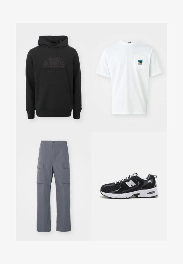 Sudadera negra de mezcla de algodón, con un logo bordado texturizado y un parche de tela en diseño de media luna en el pecho.; Camiseta de algodón blanca de manga corta, que presenta un bolsillo en el pecho con un gráfico a color de montañas y el texto "THE NORTH FACE."; Pantalones cargo grises hechos de una tela duradera. Las características incluyen una cinturilla elástica, dos grandes bolsillos laterales y un corte recto.; Zapatillas deportivas en negro y gris con parte superior de malla y ante, que cuentan con una entresuela blanca, cordones y un llamativo logo "N" en el lateral.