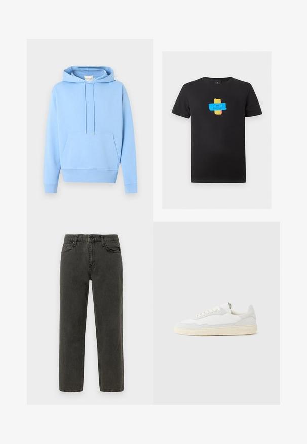 Sweat à capuche bleu clair avec poche kangourou à l'avant et cordons ajustables, présenté sur un fond blanc uni.; T-shirt noir à manches courtes avec un graphique ruban coloré bleu, or et rose centré, avec le texte « PS Paul Smith » sur le ruban bleu.; Jean en denim noir droit avec fermeture à bouton et à zip, poches avant et arrière, et passants de ceinture.; Baskets blanches avec dessus en daim et cuir texturé. Caractérisées par un bout arrondi, une fermeture à lacets et une semelle en caoutchouc beige contrastante.