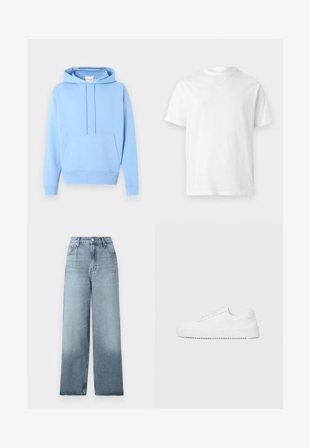 Sweat à capuche bleu clair avec poche kangourou à l'avant et cordons ajustables, présenté sur un fond blanc uni.; T-shirt blanc uni à manches courtes avec un col rond, au design simple et épuré, sans logos ni motifs visibles.; Jean bleu clair taille haute, jambes larges, avec fermeture à boutons et fermeture éclair, poches avant et passants pour ceinture sur un fond uni.; Sneaker blanc avec une tige en cuir lisse, bout rond, lacets, accents latéraux texturés et une épaisse semelle en caoutchouc. Design minimaliste.