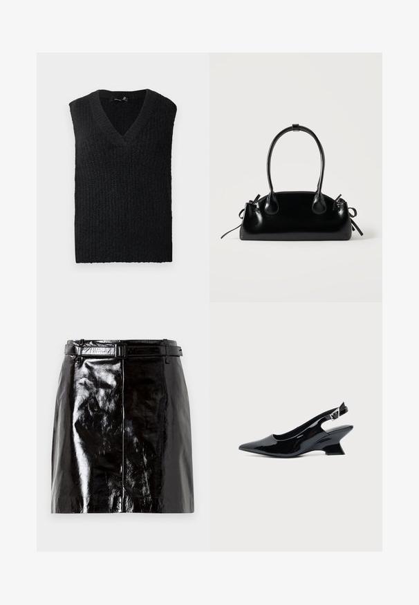 Chaleco de punto negro sin mangas con cuello en V dispuesto sobre un fondo blanco.; Mini falda de cuero negro brillante con un cinturón a juego y detalles de costura central.; Zapato slingback de cuero charol negro con puntera puntiaguda y tacón bajo en bloque inclinado sobre fondo claro liso.; Pequeño bolso negro brillante con dos asas largas y detalles de cordón lateral sobre un fondo claro liso.