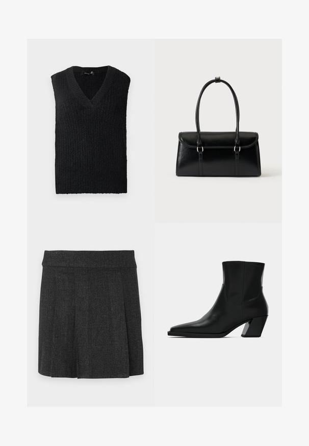 Gilet sans manches en tricot noir avec col en V, posé à plat sur un fond blanc.; Jupe noire plissée en tissu texturé. Ceinture mi-haute avec des lignes épurées. Coupe classique adaptée à diverses occasions.; Bottine en cuir noir avec un bout pointu, une silhouette élégante et un talon carré massif. Texture lisse avec des détails de couture minimalistes.; Sac à main rectangulaire en cuir noir avec fermeture à rabat et deux longues anses sur fond blanc uni.